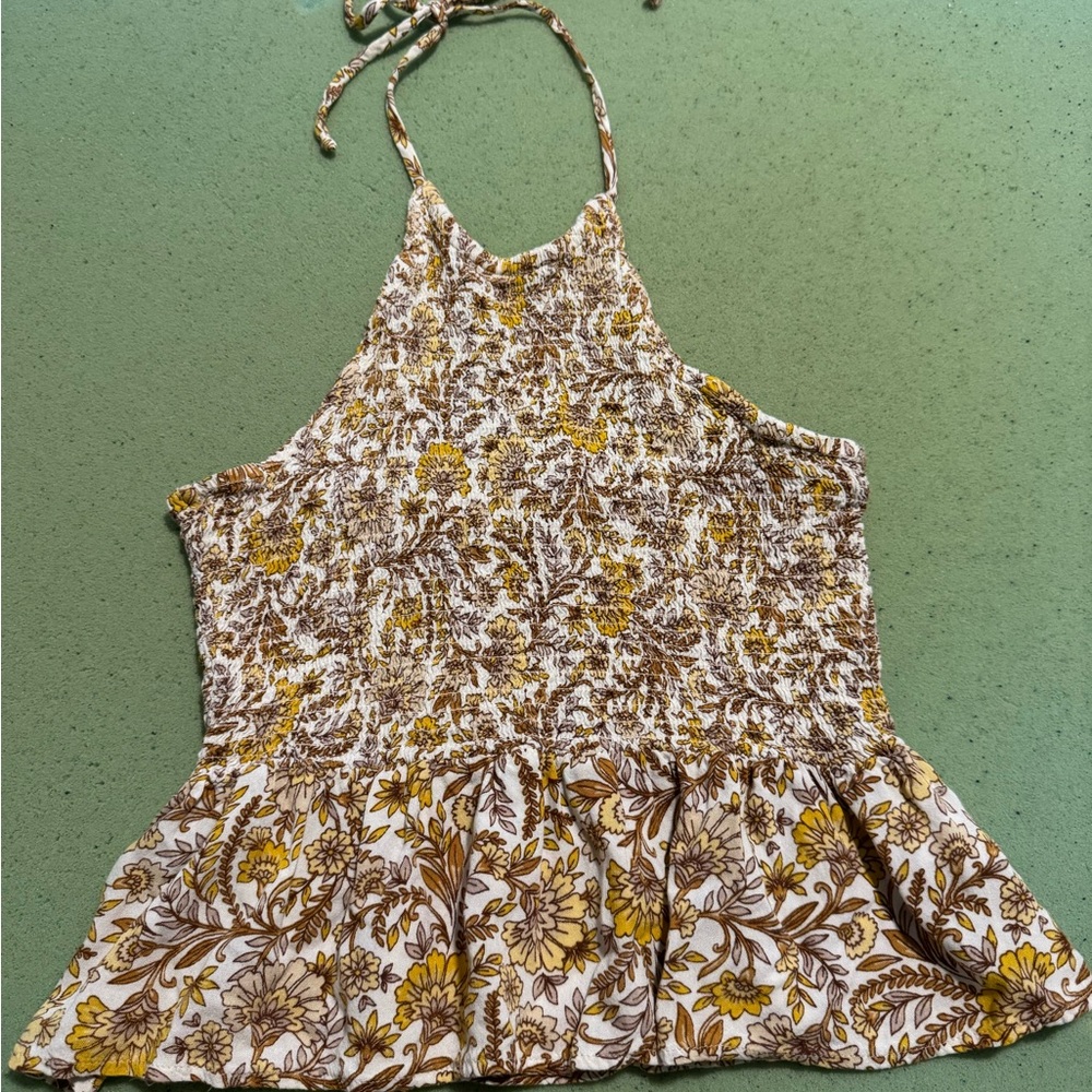 Patrons of Peace Cream and Brown Halter Peplum Tank Top